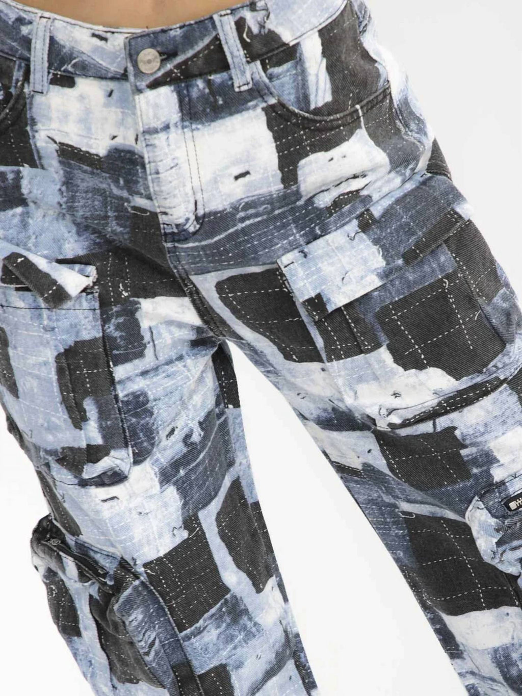 Mosaic Muse Patchwork Print Wide Leg Cargo Jeans In Blue