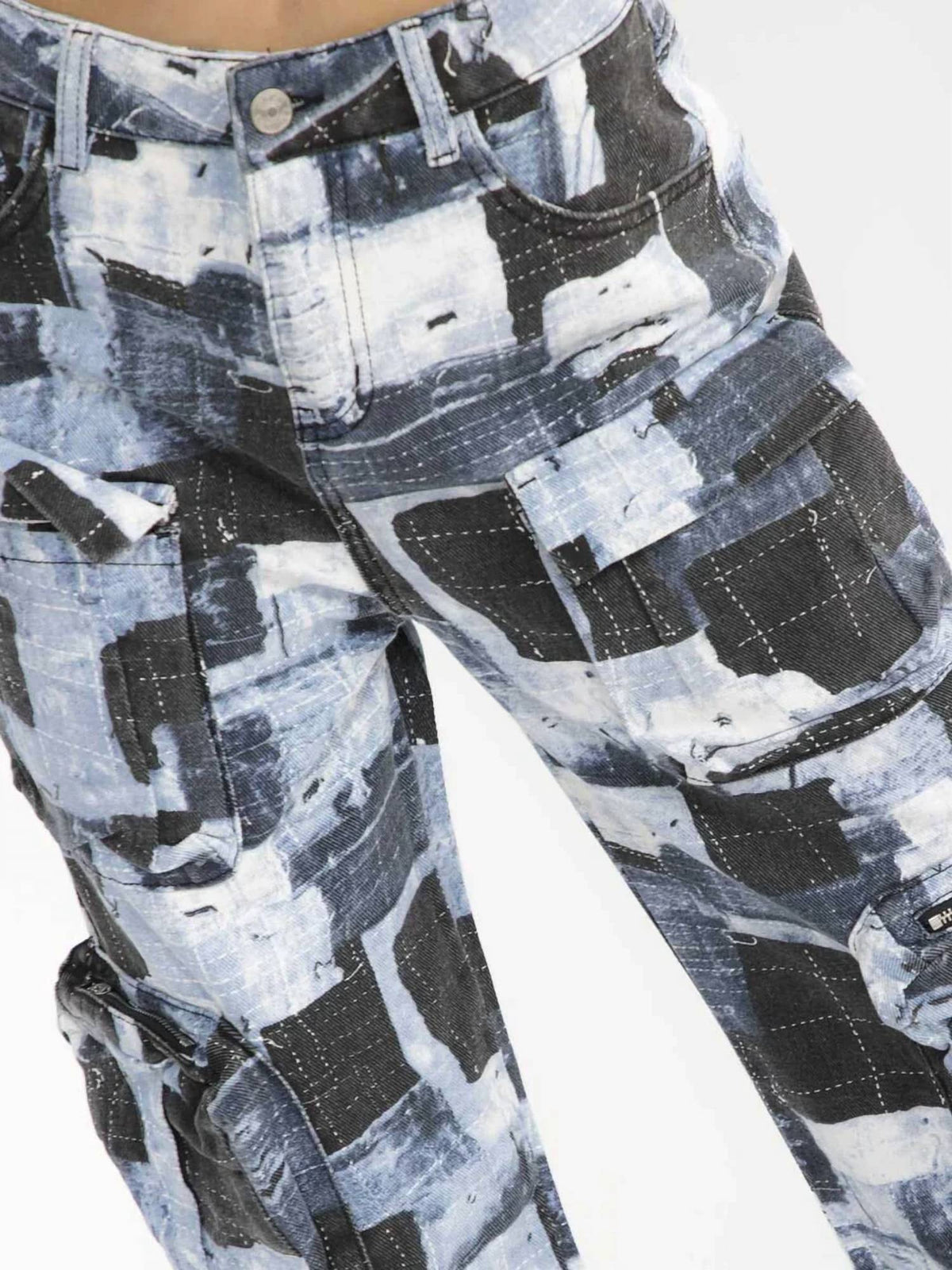 Mosaic Muse Patchwork Print Wide Leg Cargo Jeans In Blue