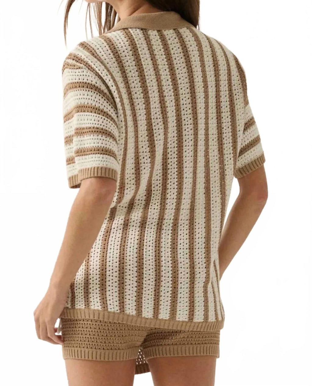 Striped Crochet Knit Button-Up Shirt In Taupe