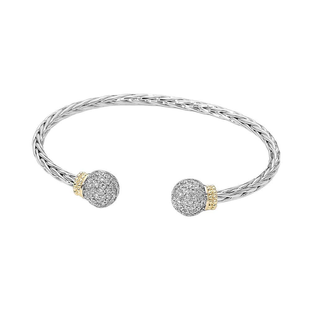14K Gold Plated Two Tone CZ Pave Ball Tip Braided Cuff Bracelet
