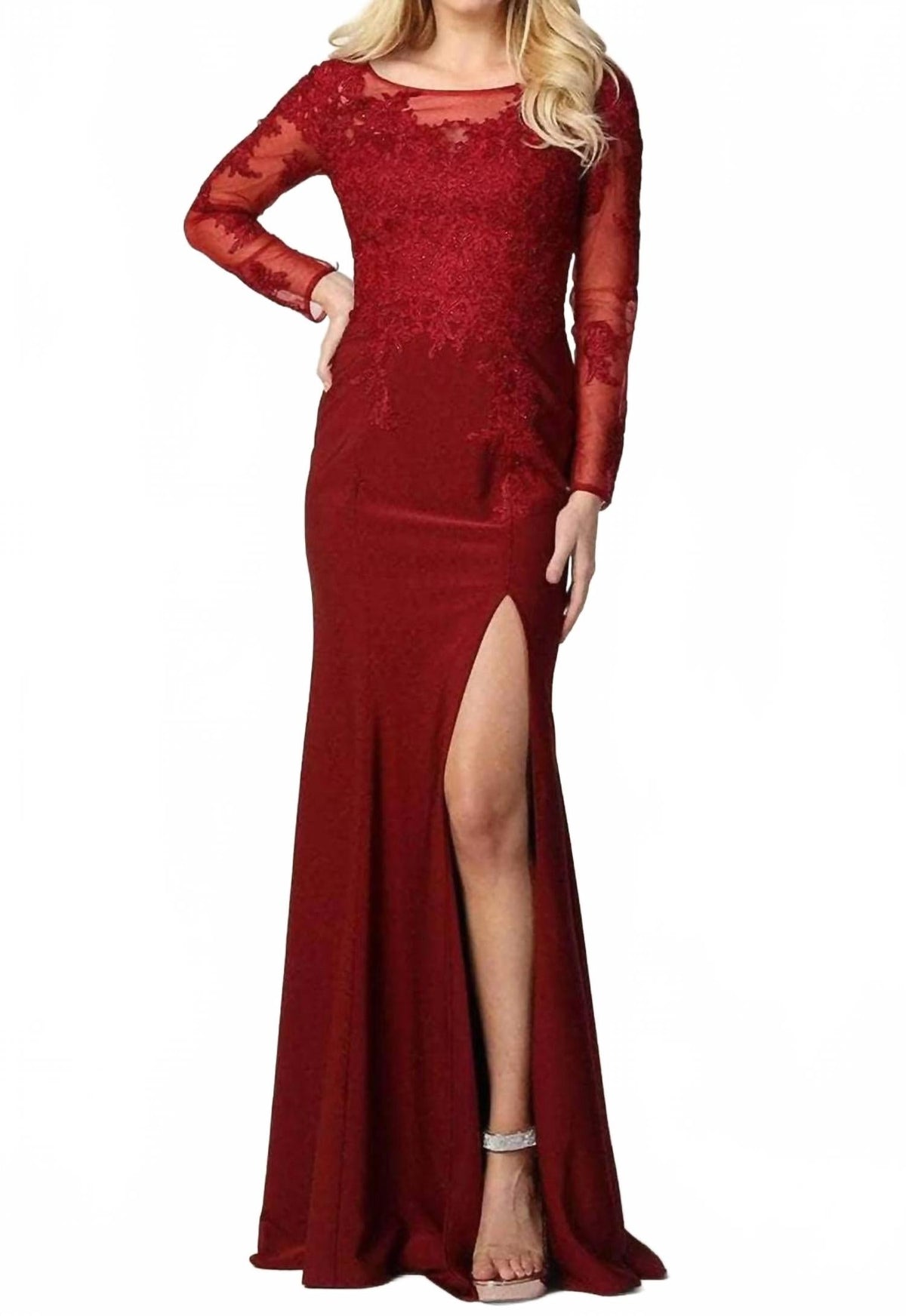 Beaded Lace Trumpet Evening Maxi Dress In Burgundy