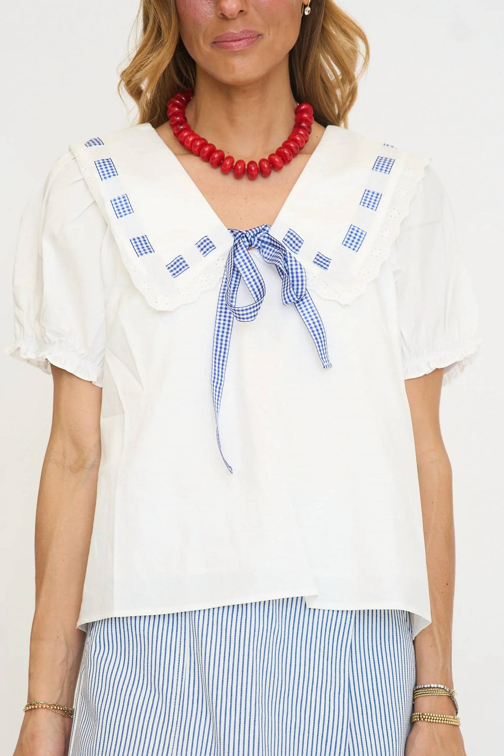 Miriam Gingham Sailor Top In White