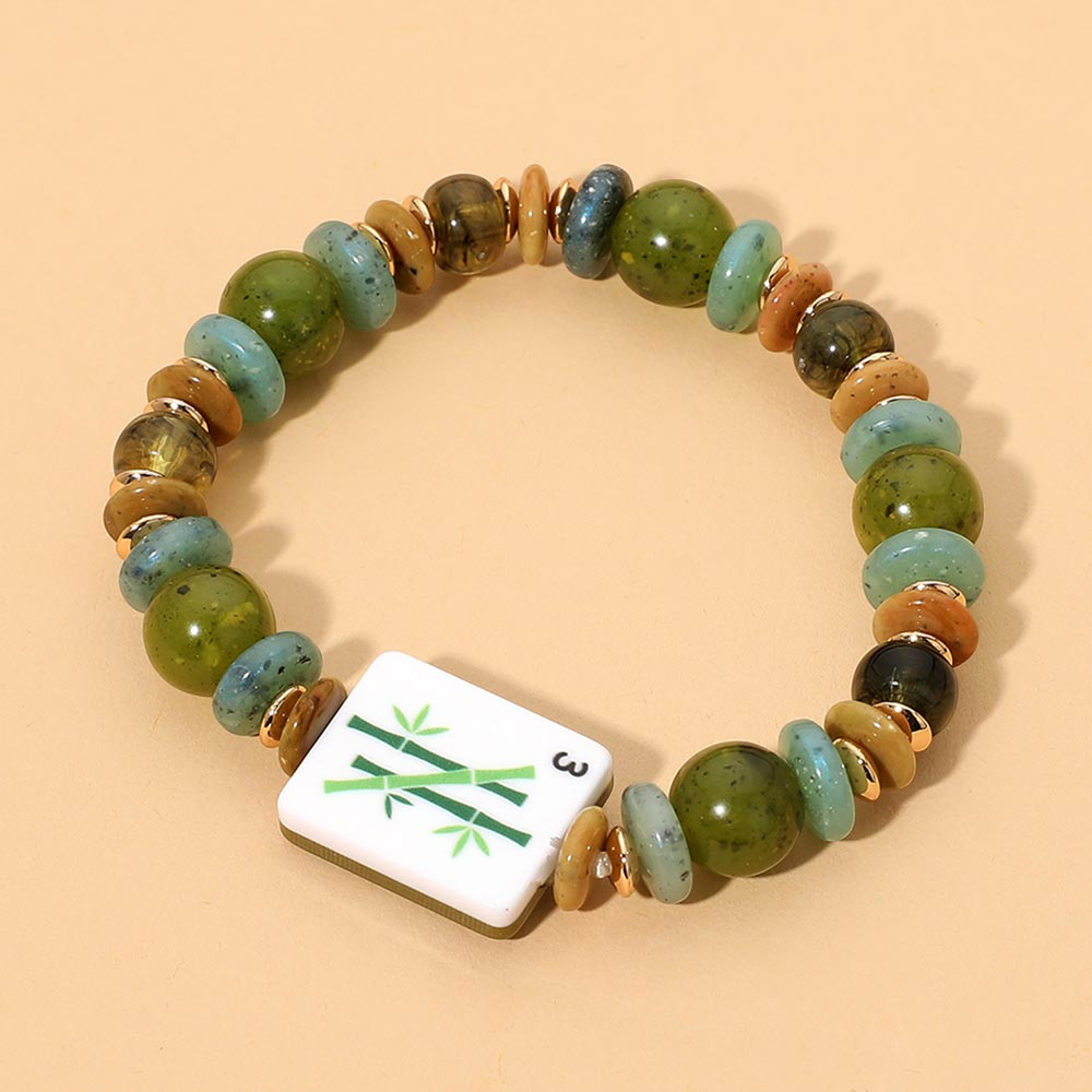 Mahjong Tile Charm Accent Beaded Stretch Bracelet