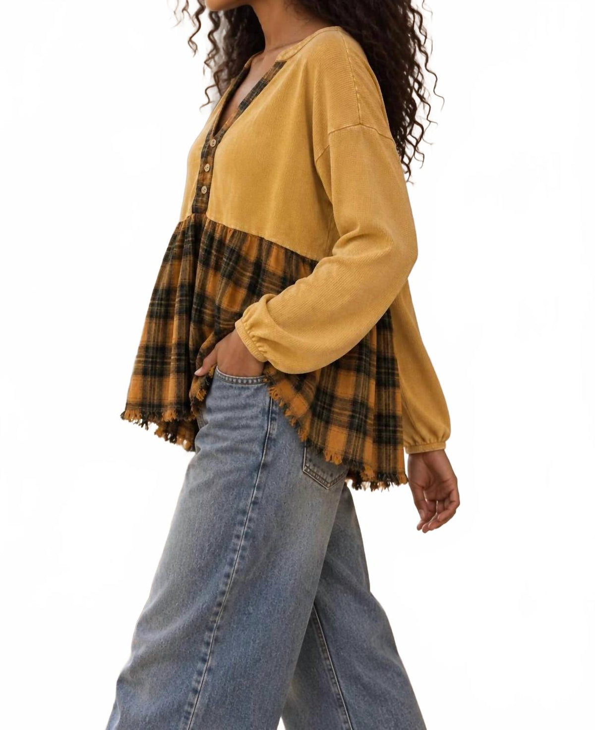 Waffle Knit Plaid Peplum Henley Tunic In Mustard