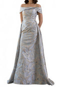 Jacquard Off Shoulder Gown In Gold Blue