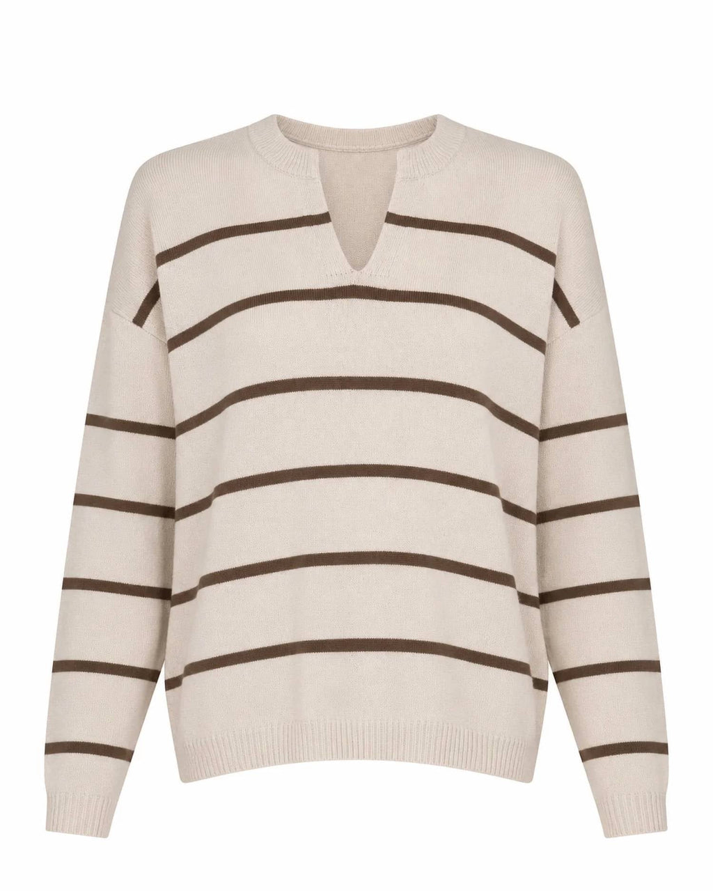 Split Neck Striped Sweater In Bone & Brown