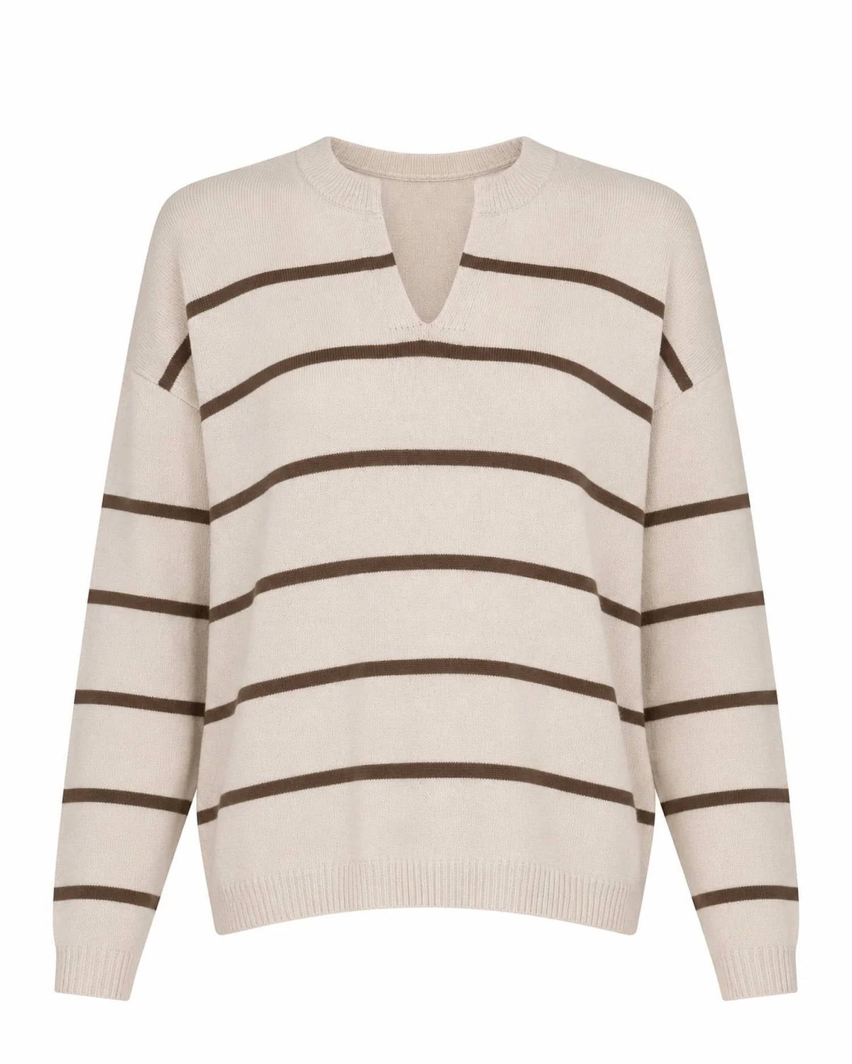 Split Neck Striped Sweater In Bone & Brown