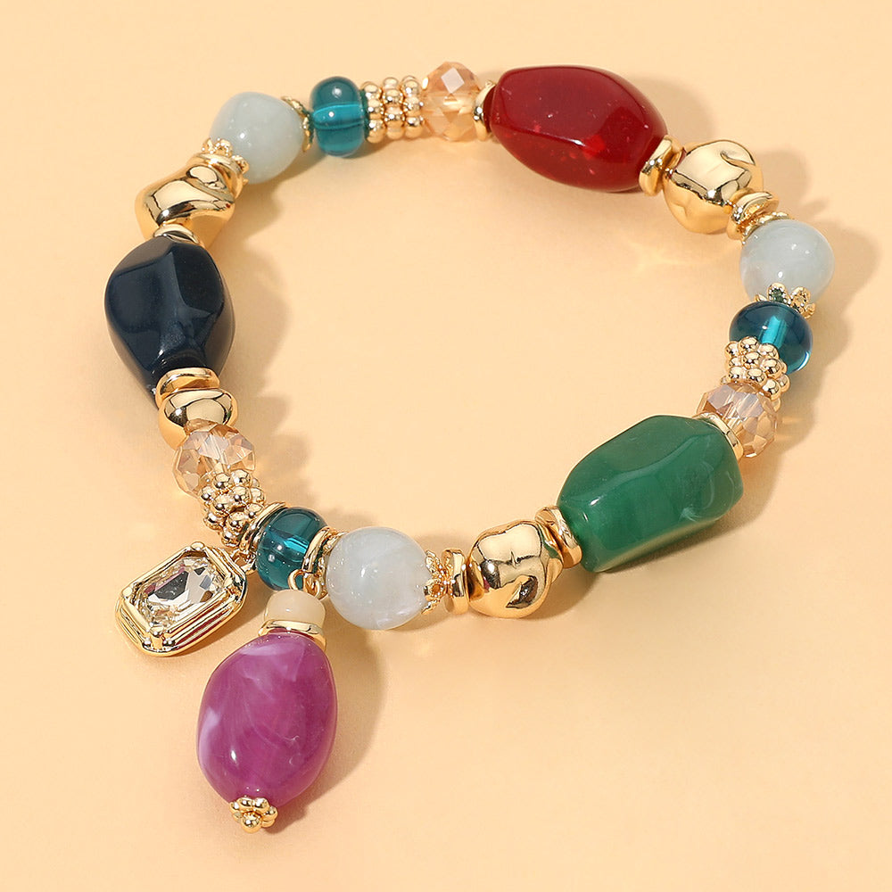 Faceted Stone Charm Beaded Stretch Bracelet