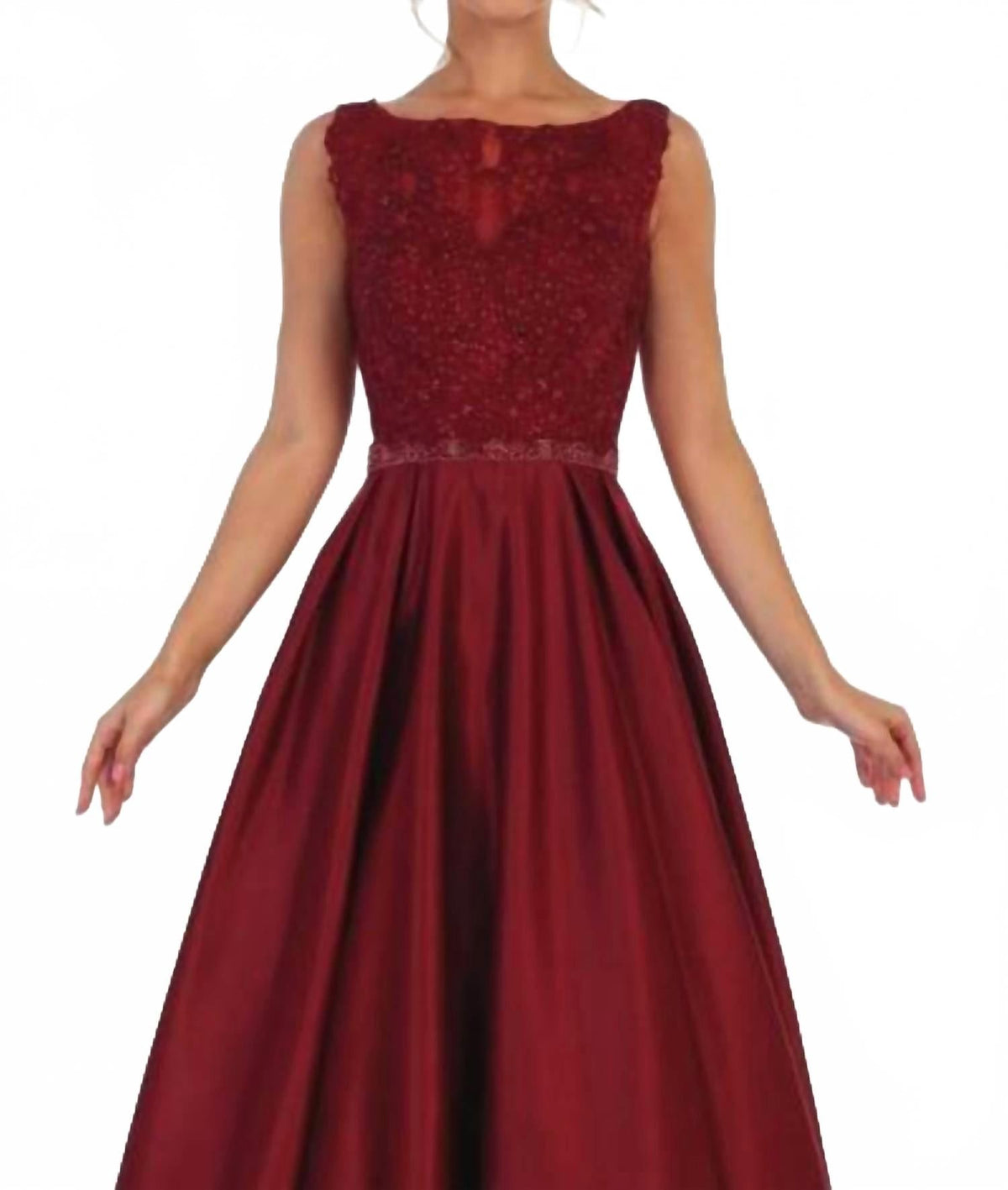 Embellished Bateau Pleated Ballgown In Burgundy