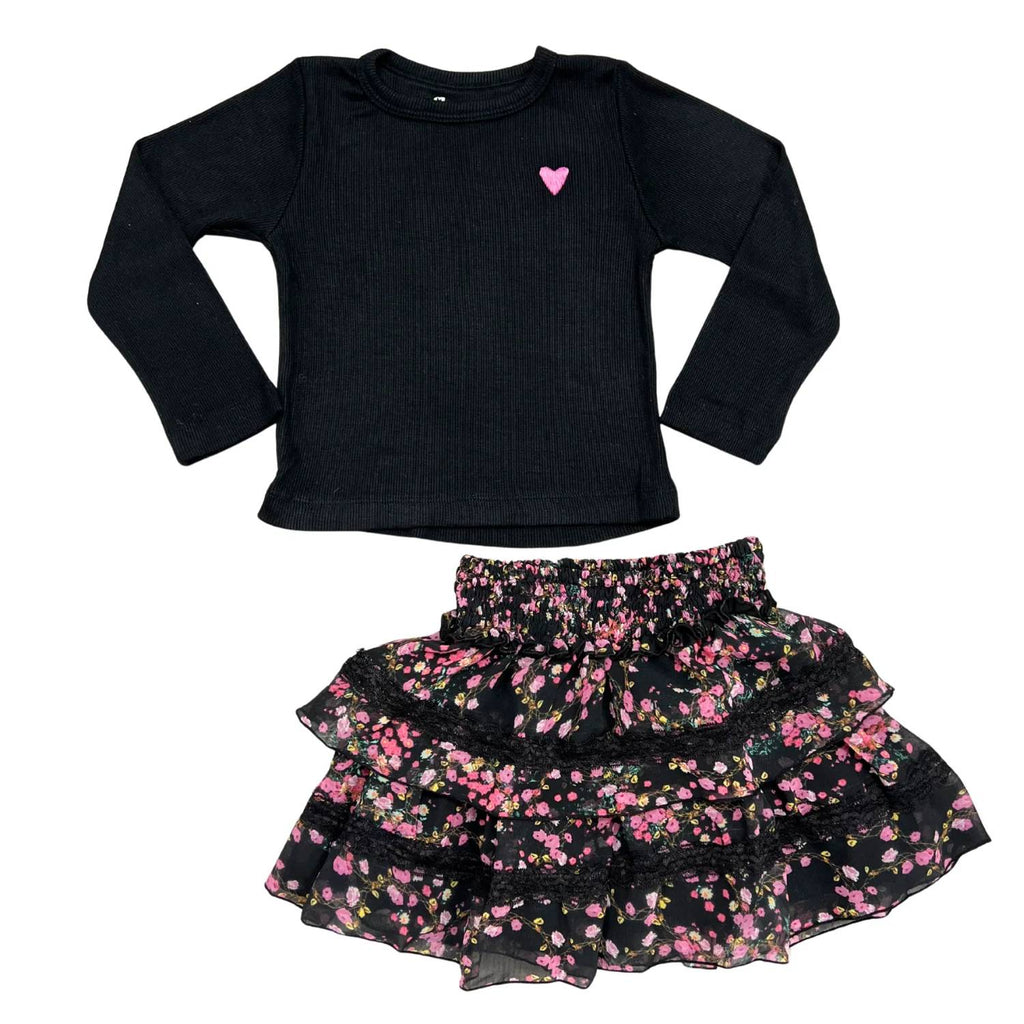 Girl's Embroidered Heart Long Sleeve Tee In Black