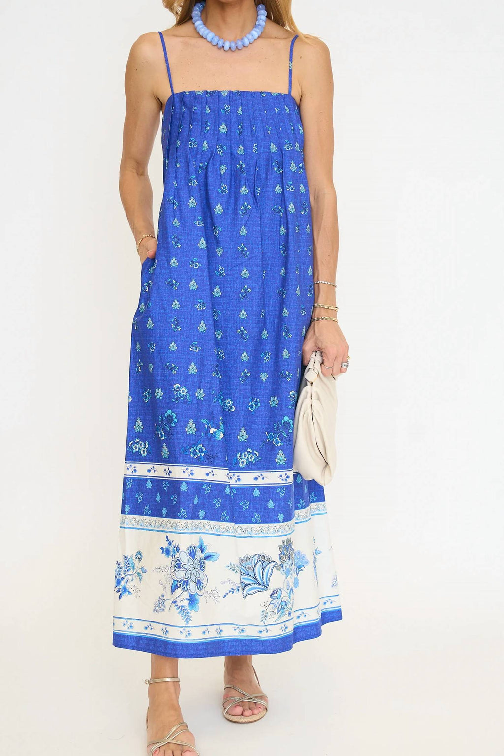 Pleated Floral Print Sleeveless Maxi Dress In Royal Blue/ White