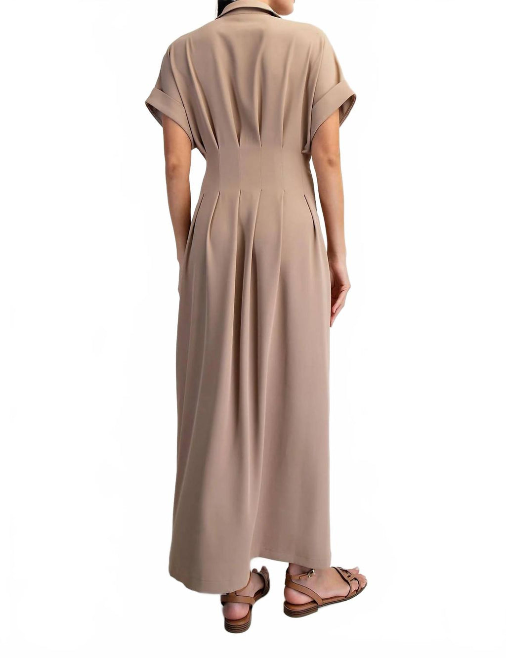 Double Belt Detail Roll-Up Sleeve Maxi Shirt Dress In Taupe