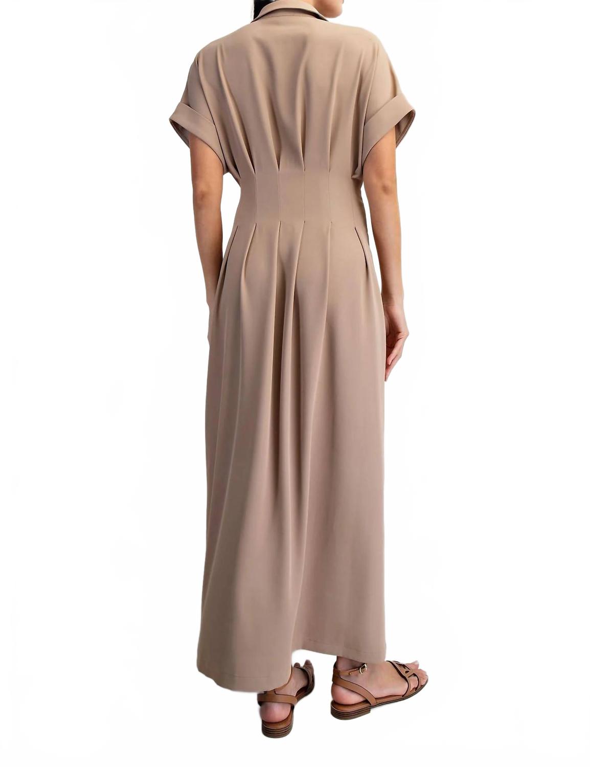 Double Belt Detail Roll-Up Sleeve Maxi Shirt Dress In Taupe