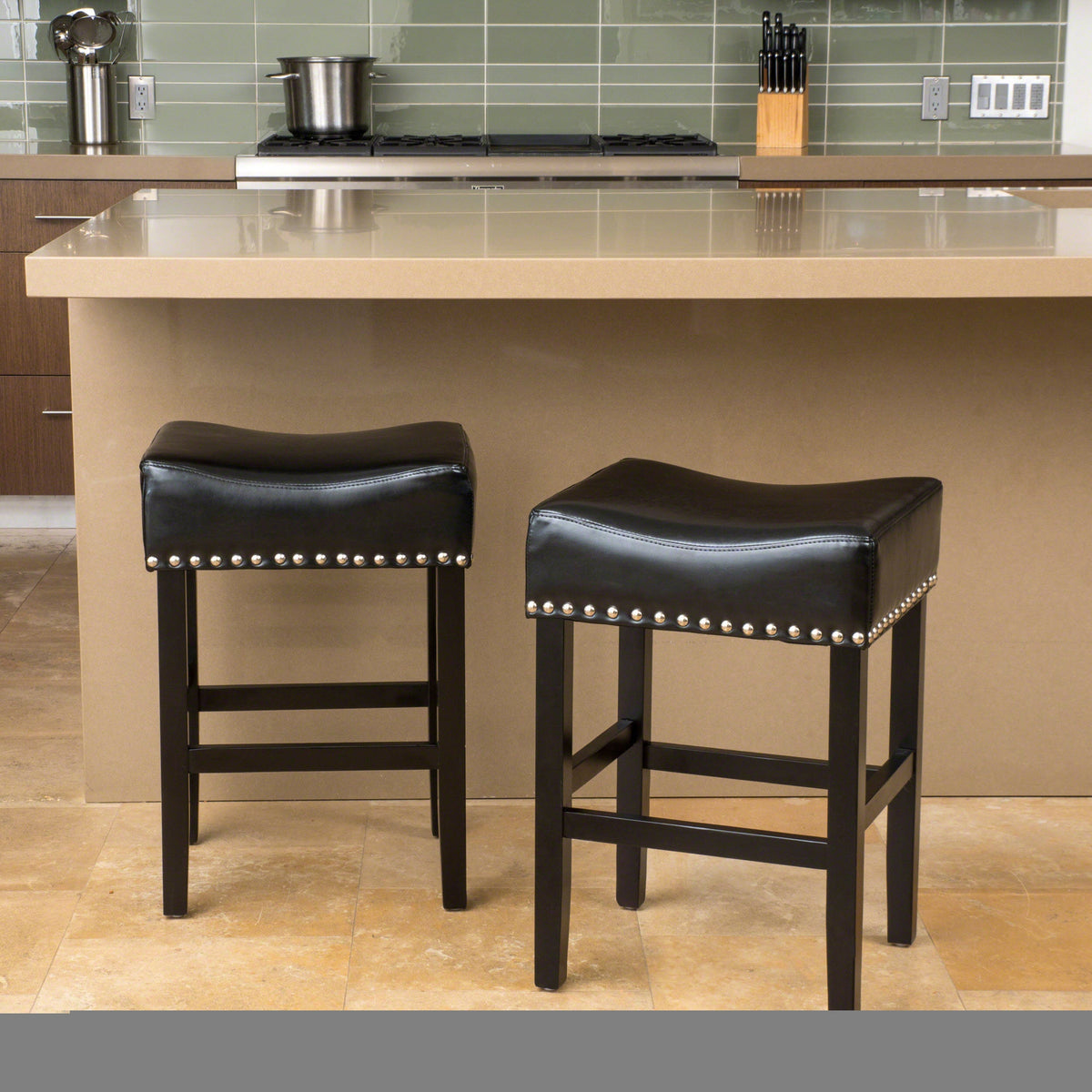 Set of 2 Backless Leather Counter Stools