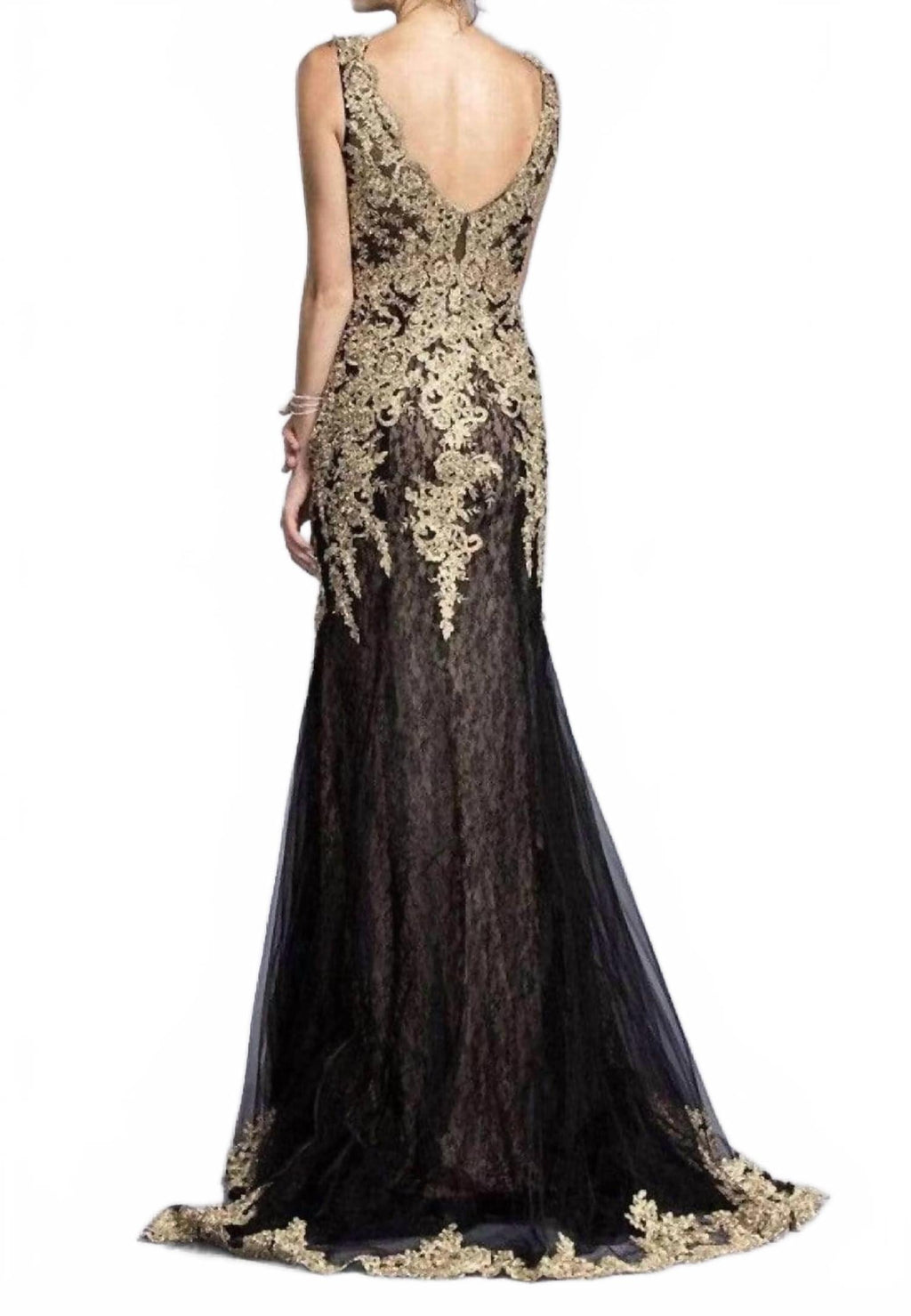 Applique V-Neck Evening Maxi Dress In Black/gold