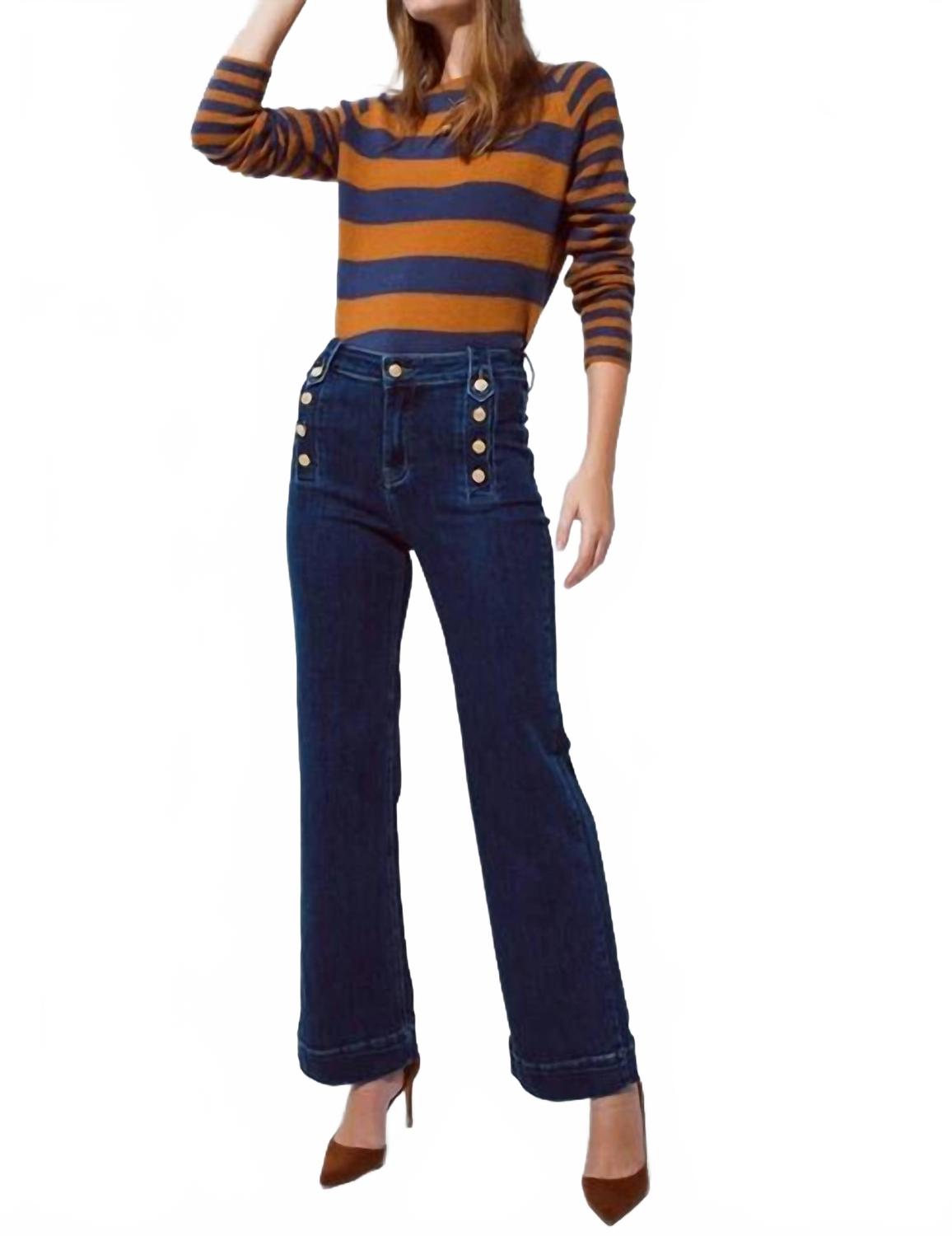 Marine Flare Jeans With Button Detailing In Mid Wash