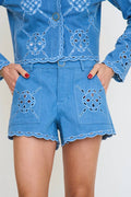 Embroidered Eyelet Scalloped Trim Denim Shorts In Blue