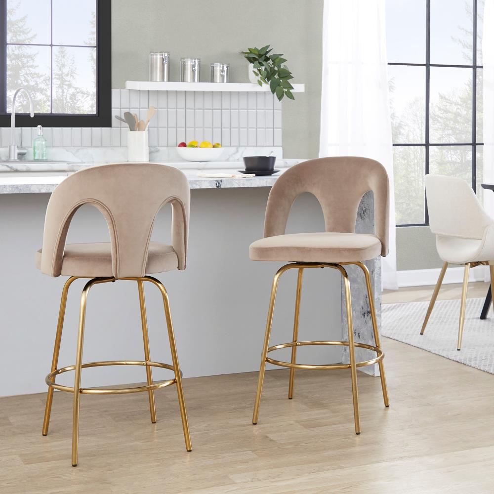 Set of 2 Contemporary Counter Stools with Velvet Upholstery and Circular Footrests