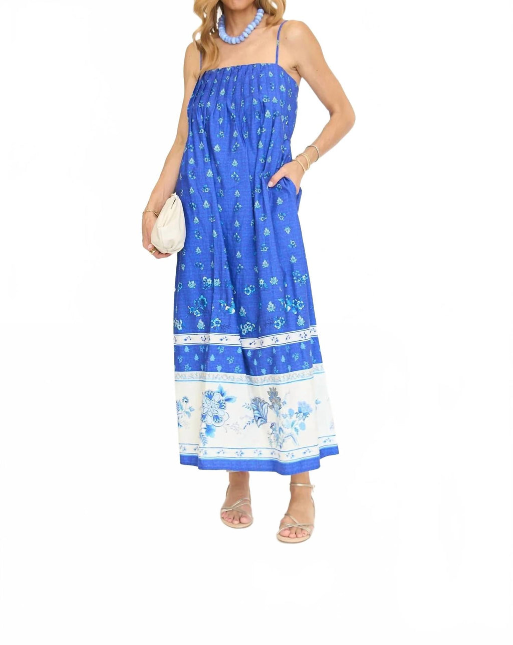 Pleated Floral Print Sleeveless Maxi Dress In Royal Blue/ White