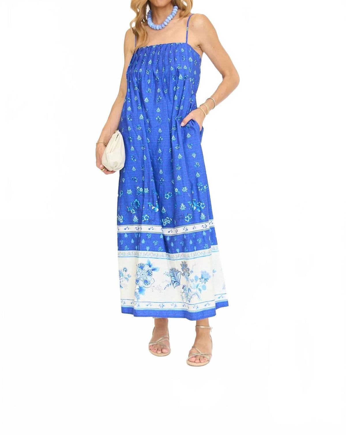 Pleated Floral Print Sleeveless Maxi Dress In Royal Blue/ White