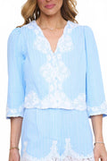 Zoey Button Up Lace Trim Top In Blue
