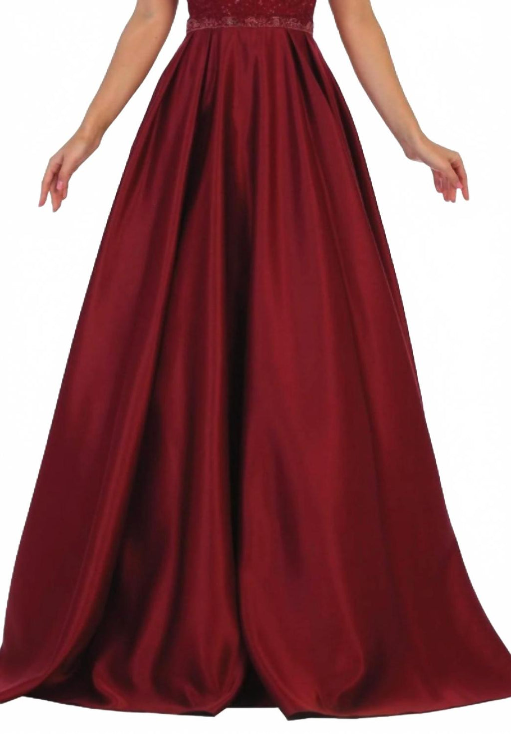 Embellished Bateau Pleated Ballgown In Burgundy