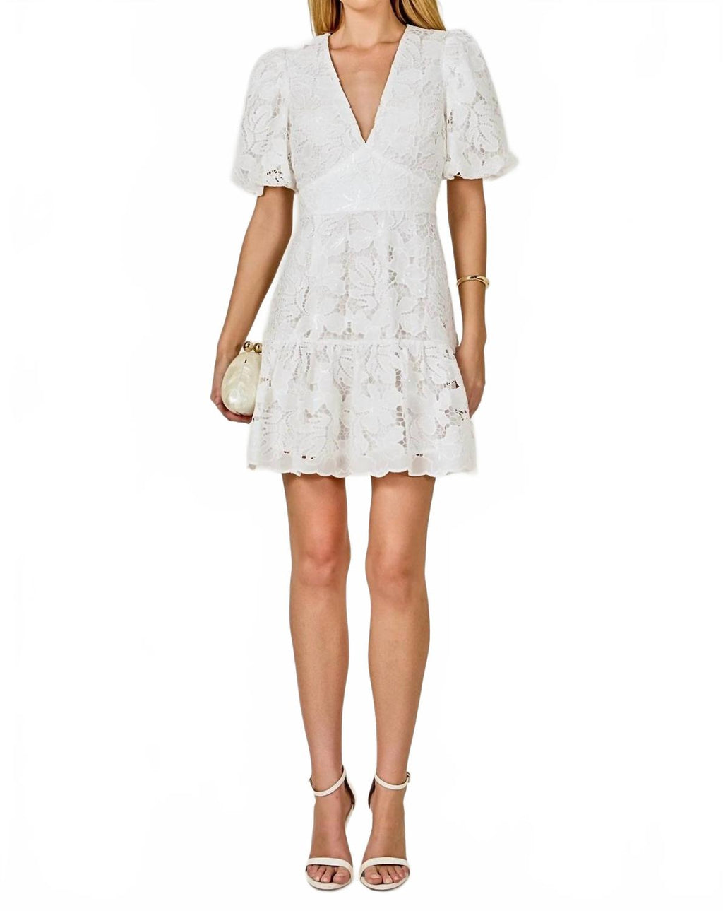 Sequins Lace Mini Dress With Blouson Sleeves In White
