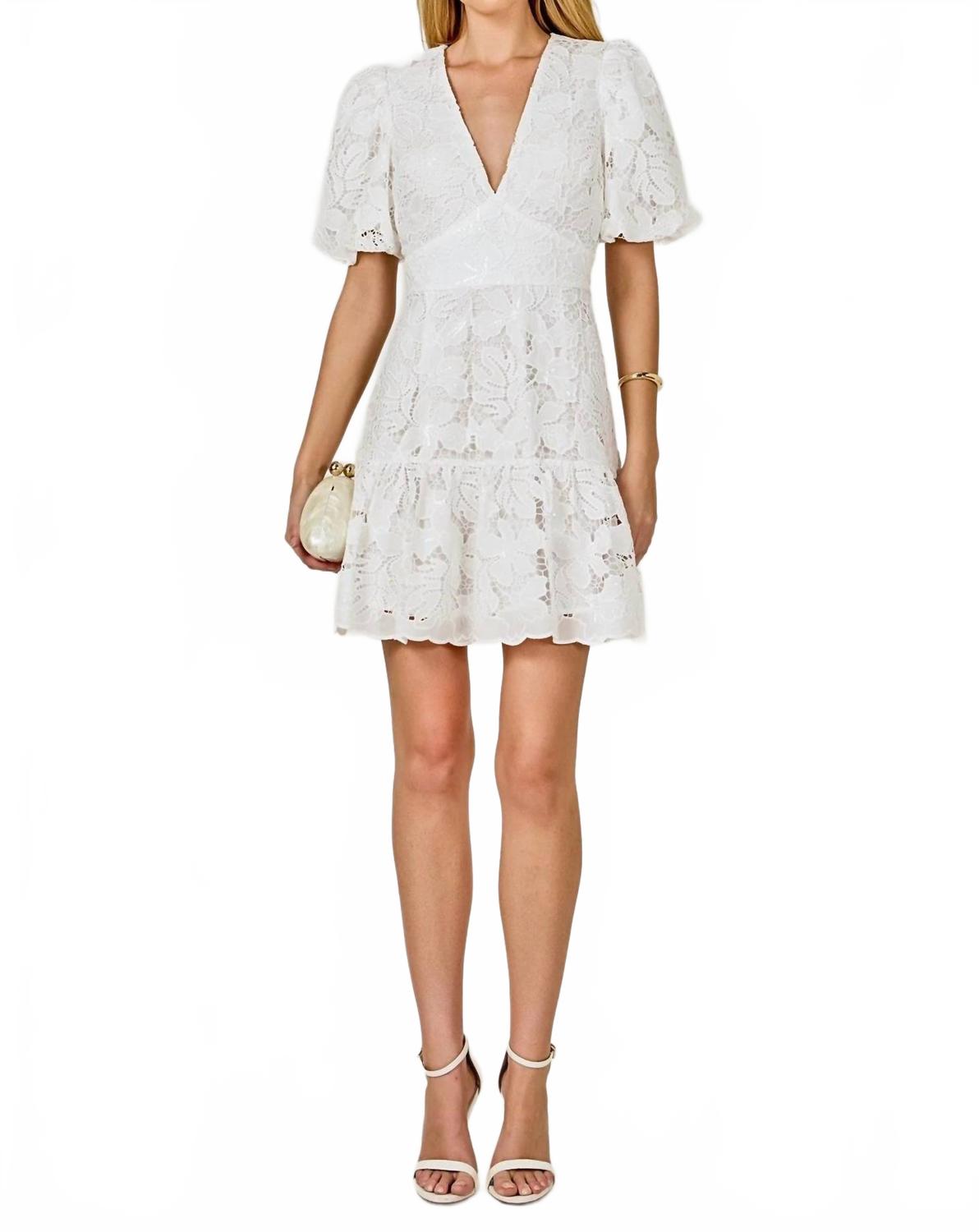 Sequins Lace Mini Dress With Blouson Sleeves In White