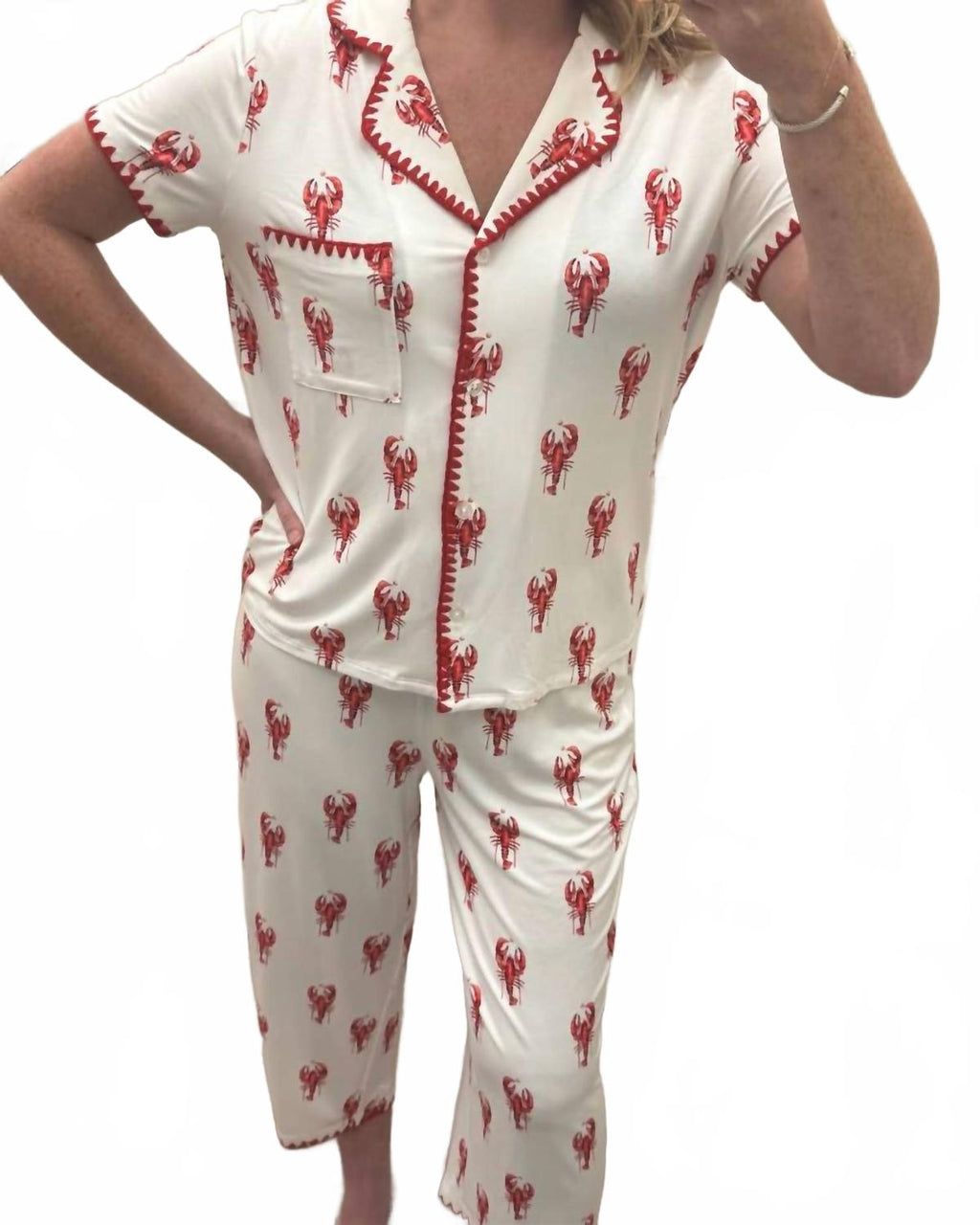 Cute Stitching Lobster Cropped Pajama Set In White