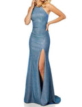 Glittered Sleeveless Halter Neck Long Prom Gown In Electric Blue