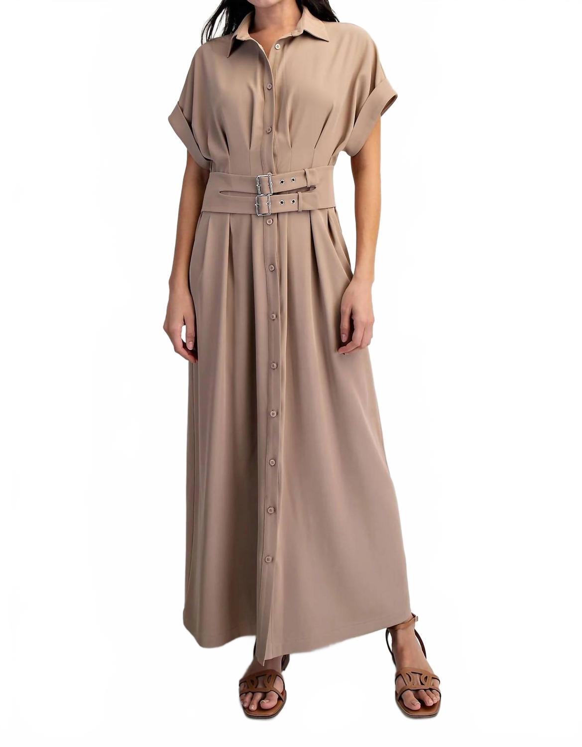 Double Belt Detail Roll-Up Sleeve Maxi Shirt Dress In Taupe
