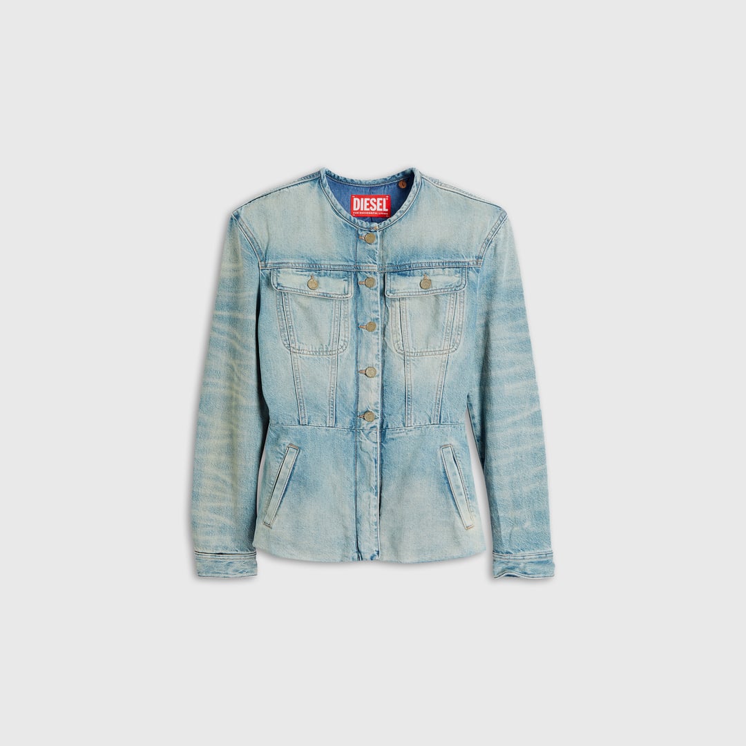 Collarless denim jacket