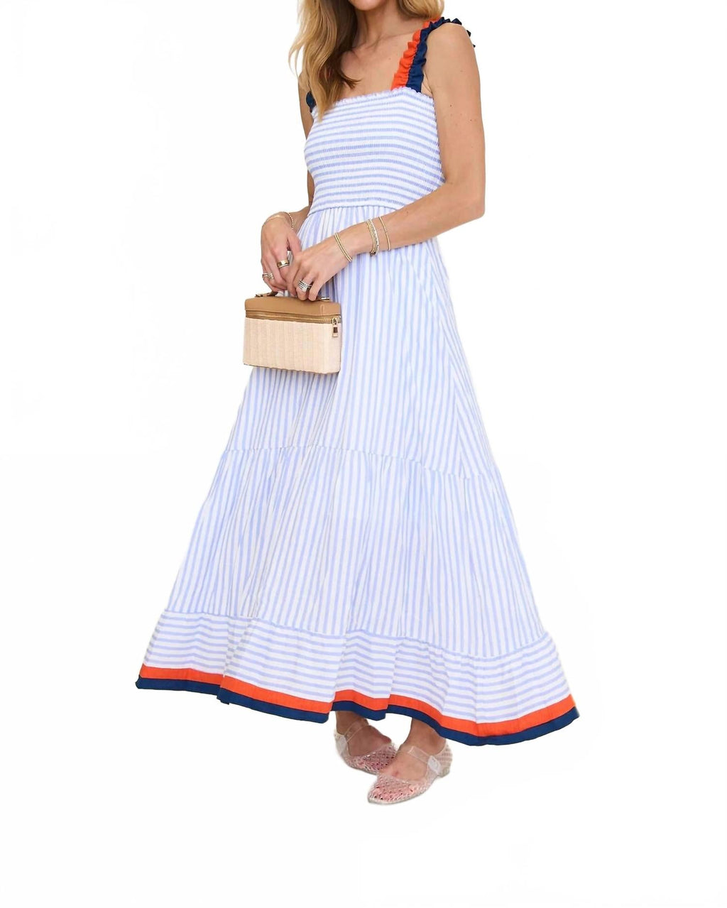 Ruffled Thin Strap Striped Tiered Midi Dress In Blue Multi