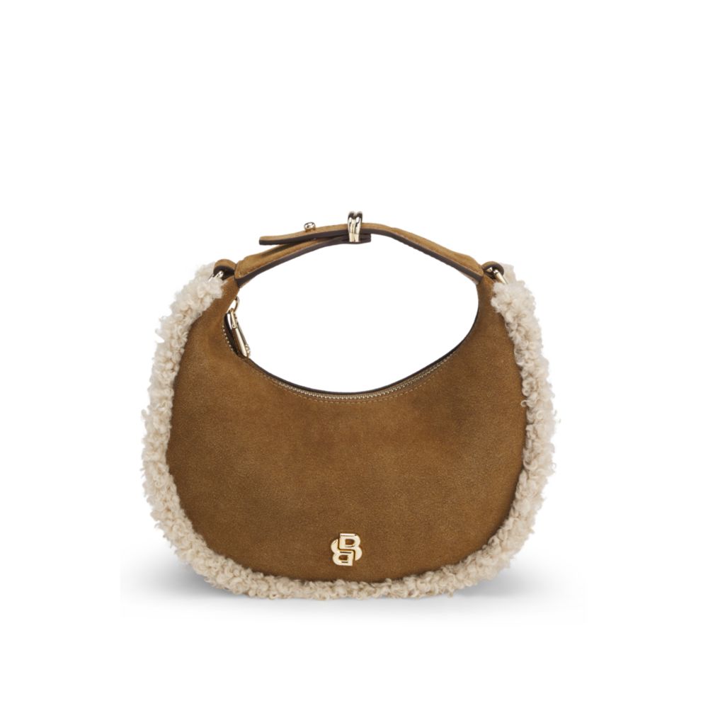 Crescent-shaped shoulder bag with faux-fur trim
