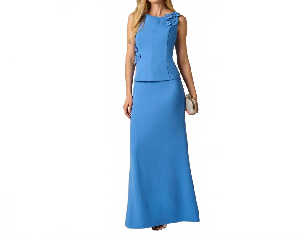 3D Floral Peplum Stretch Mermaid Gown In Cool Water