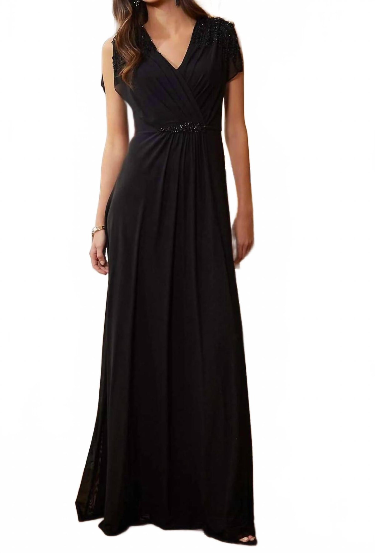Cap Sleeves Mesh Gown In Black