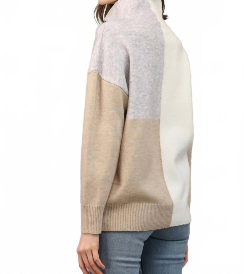 Mock Neck Neutral Color Block Sweater In Beige