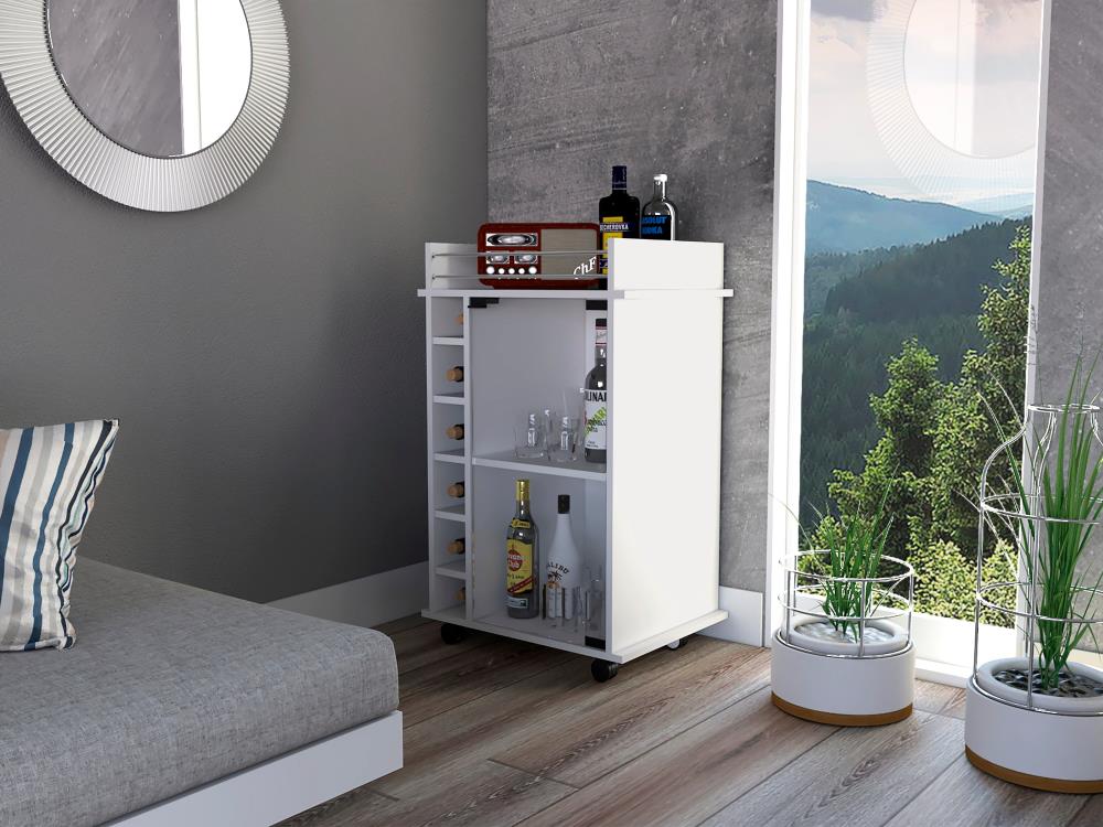 Compact Bar Cart with Glass Door and Six Bottle Compartments