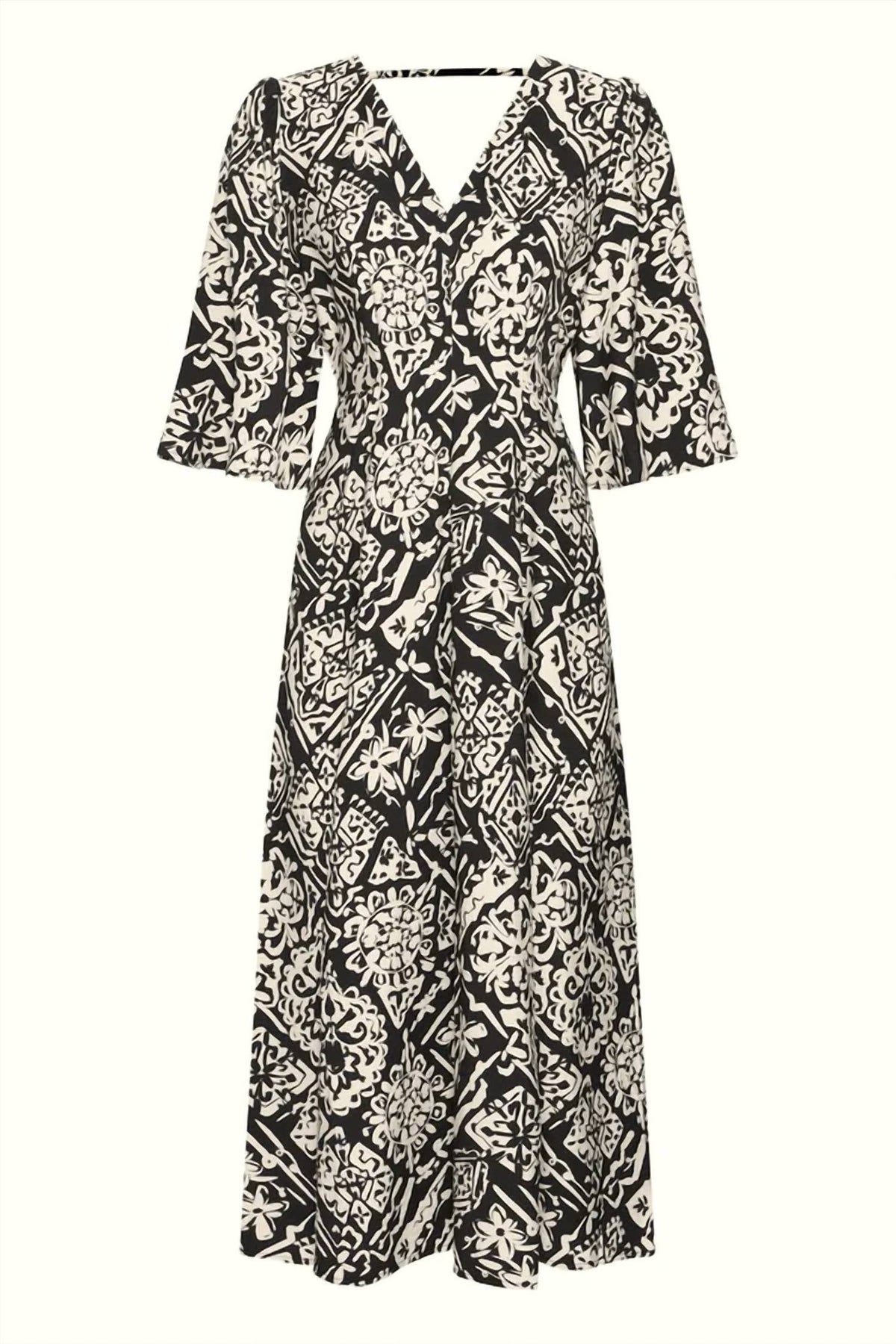 Block Printed Dress In Black / Cream