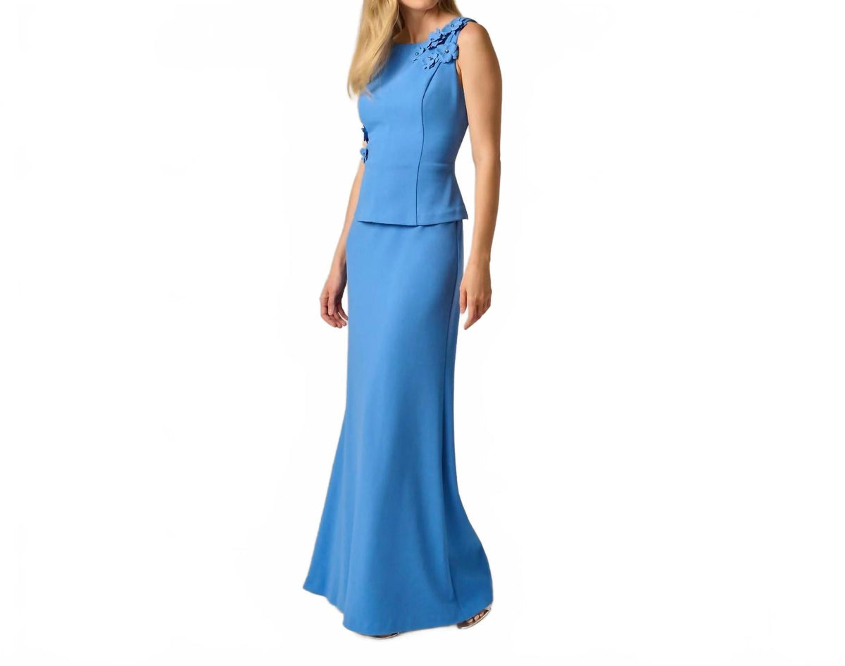 3D Floral Peplum Stretch Mermaid Gown In Cool Water