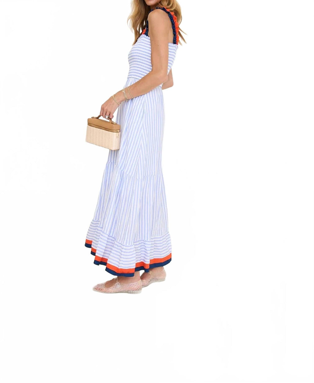 Ruffled Thin Strap Striped Tiered Midi Dress In Blue Multi
