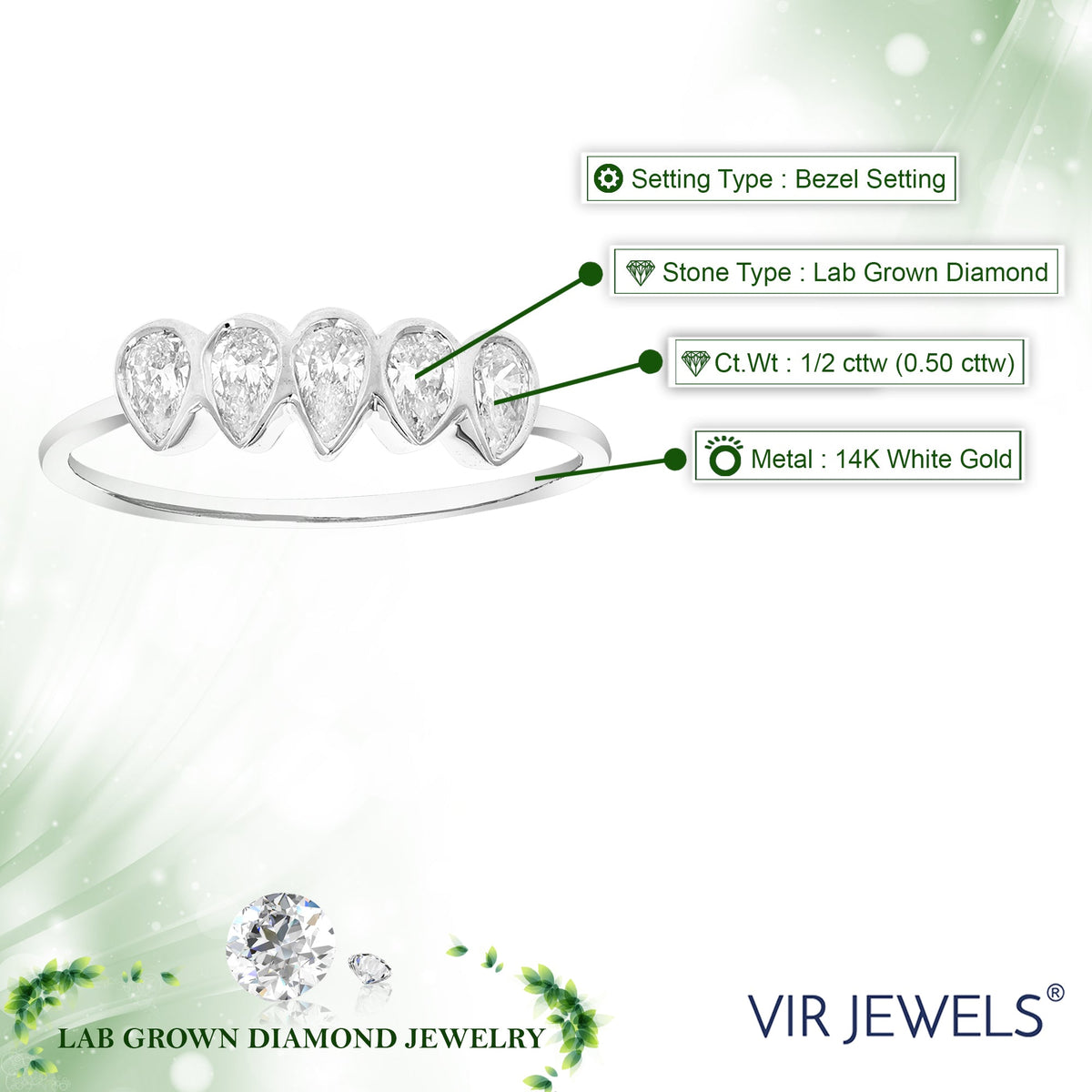 1/2 cttw Pear Lab Grown Diamond 5 Stone Engagement Ring in 14K White Gold For Women