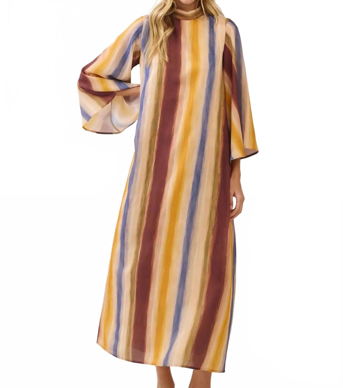 Watercolor Striped Tie Neck Maxi Dress In Multicolor