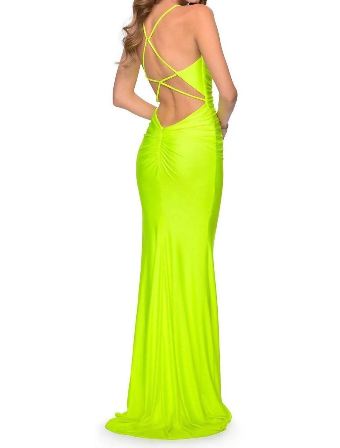Ruched V-Neck Gown - Plus In Neon Yellow