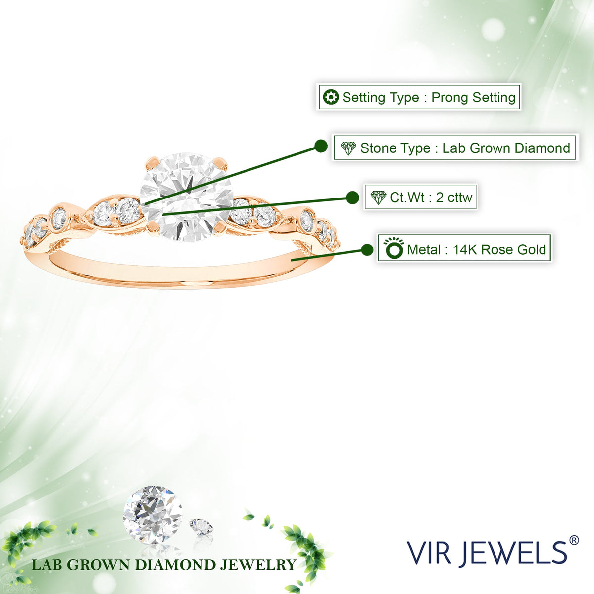 2 cttw Lab Grown Diamond Engagement Ring in 14K Rose Gold For Women