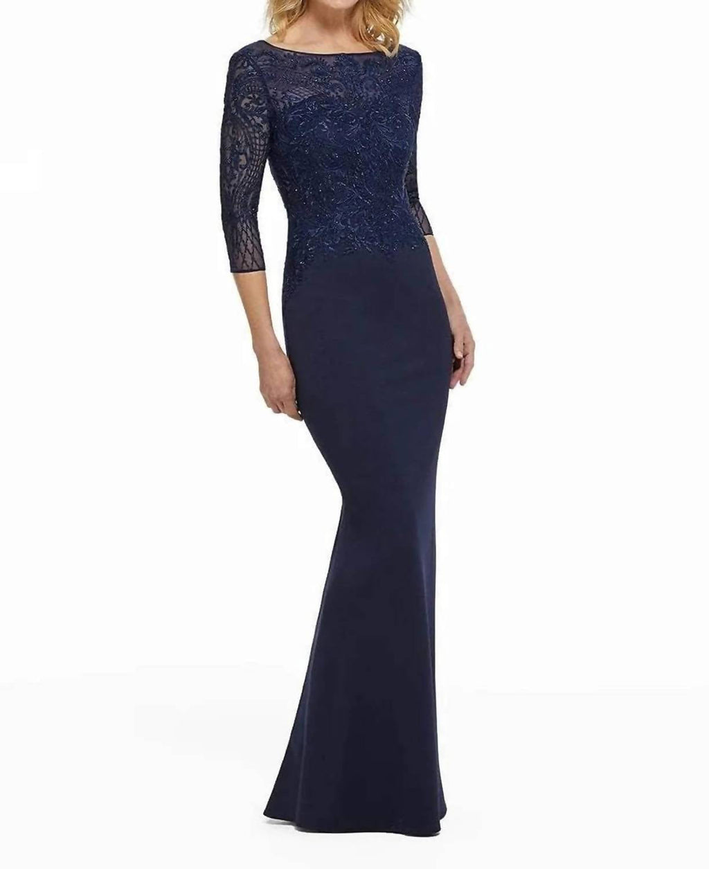 Embroidered Bateau Jersey Evening Gown In Navy