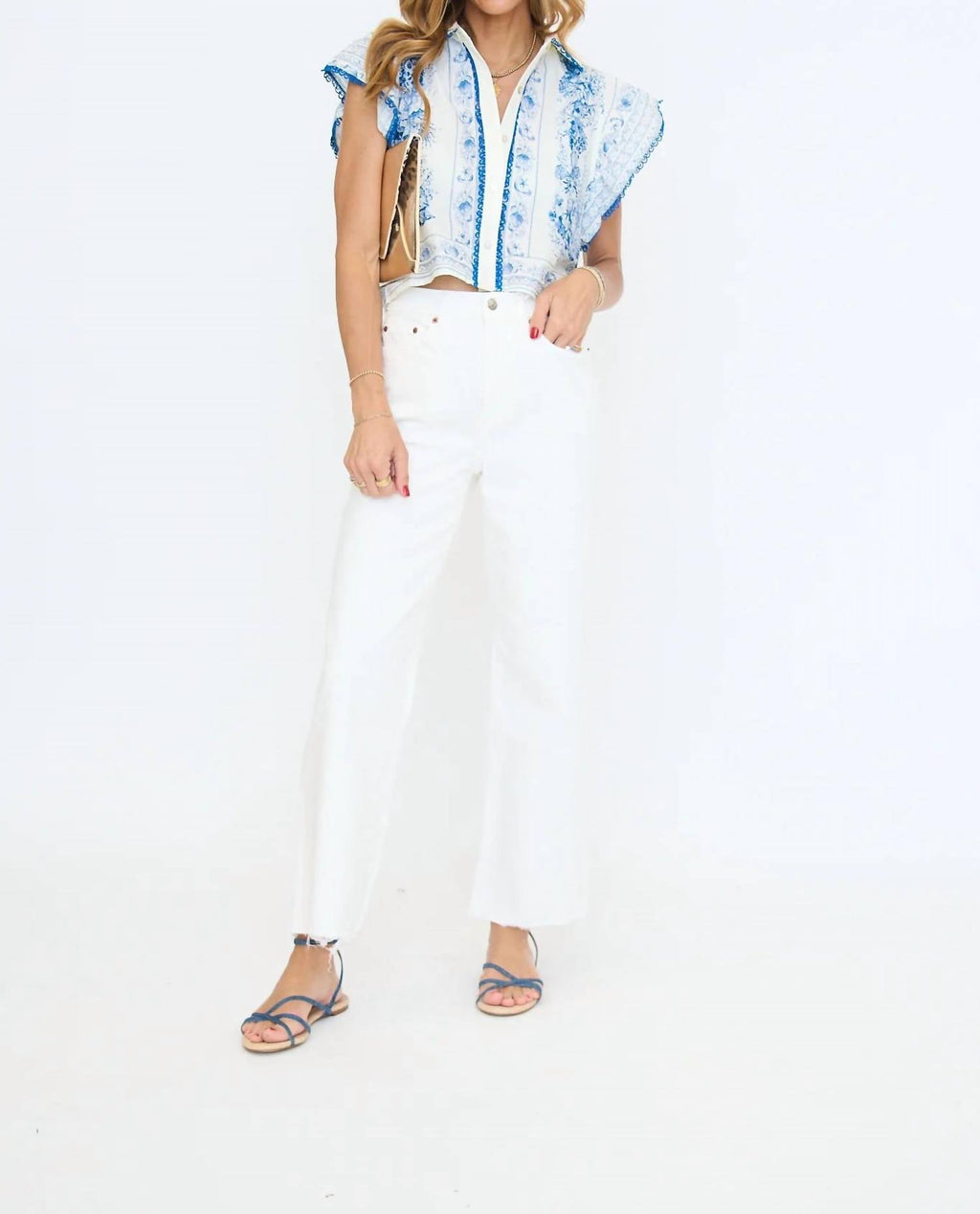 Whispy Ruffle Detail Top In Blue/ White