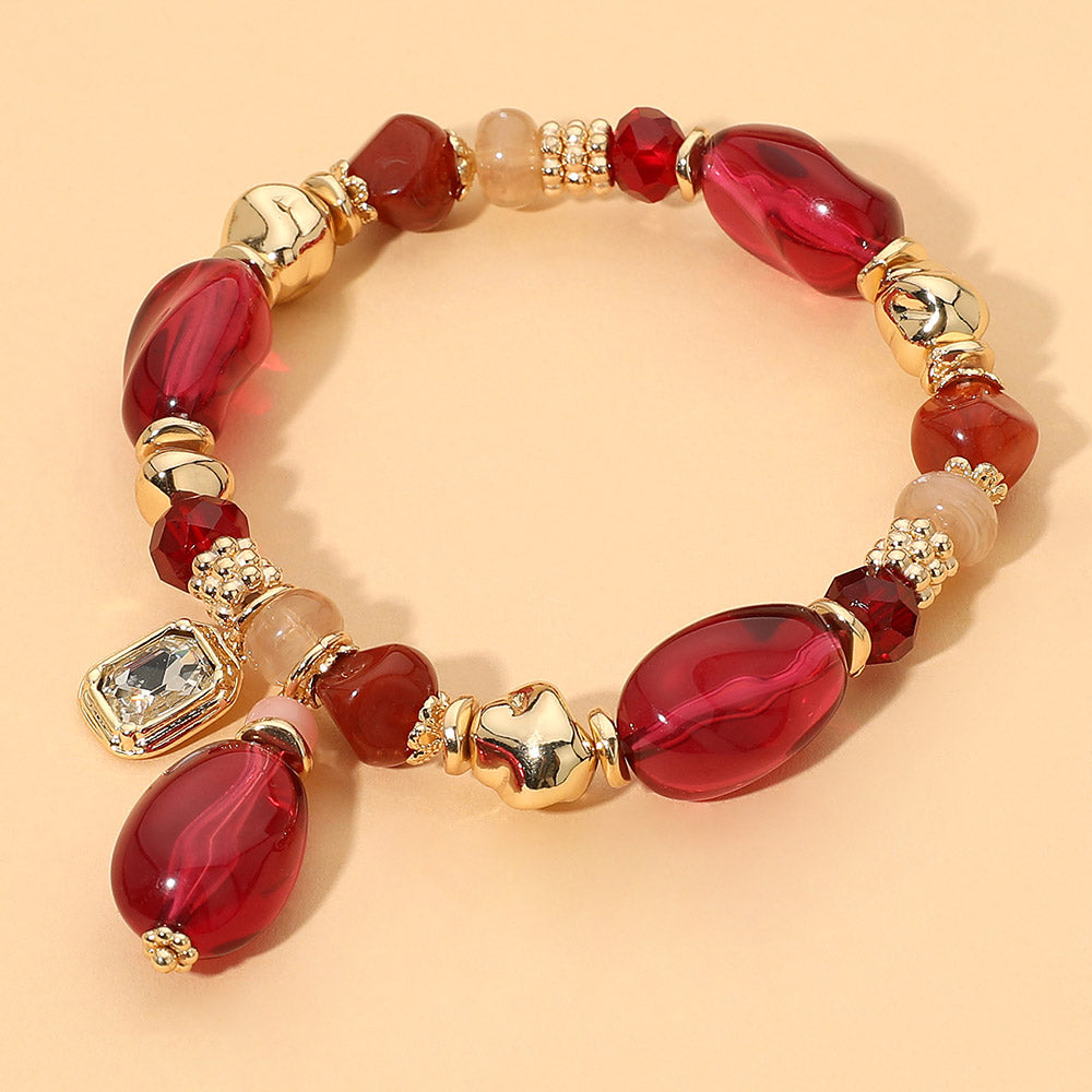 Faceted Stone Charm Beaded Stretch Bracelet