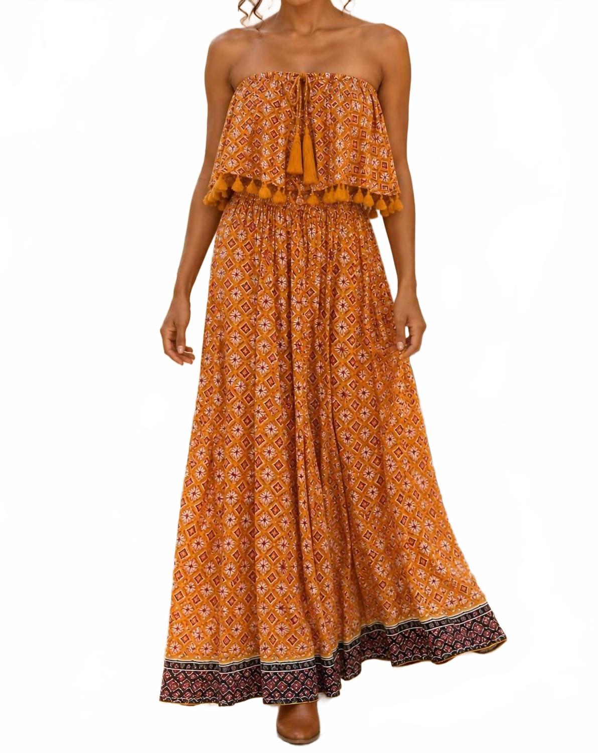 Block Print Strapless Maxi Dress In Orange
