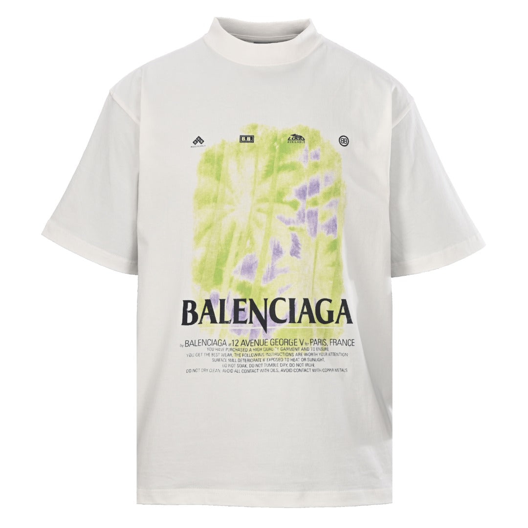 Balenciaga Watercolor Garden Print Mock Neck T-Shirt in White